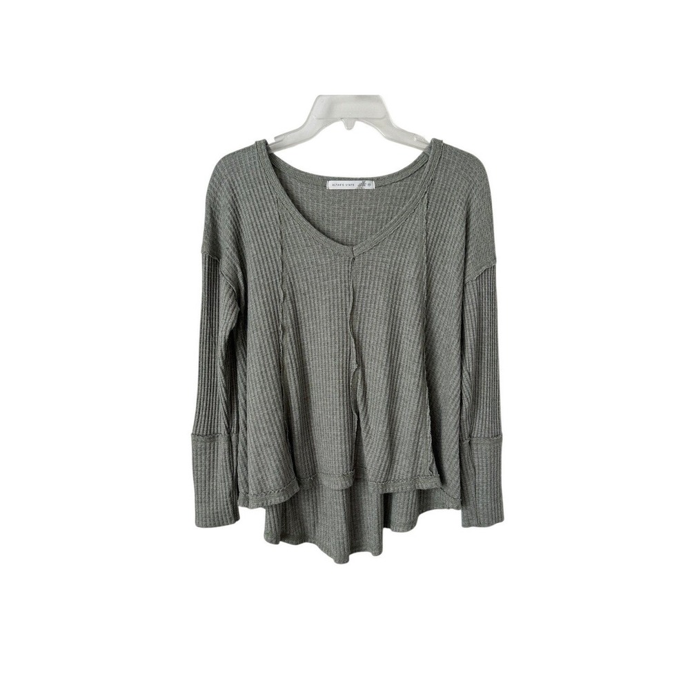 Altar'd State Waffle Knit Thermal Long Sleeve Top Green Raw Seam Boho Relaxed XS